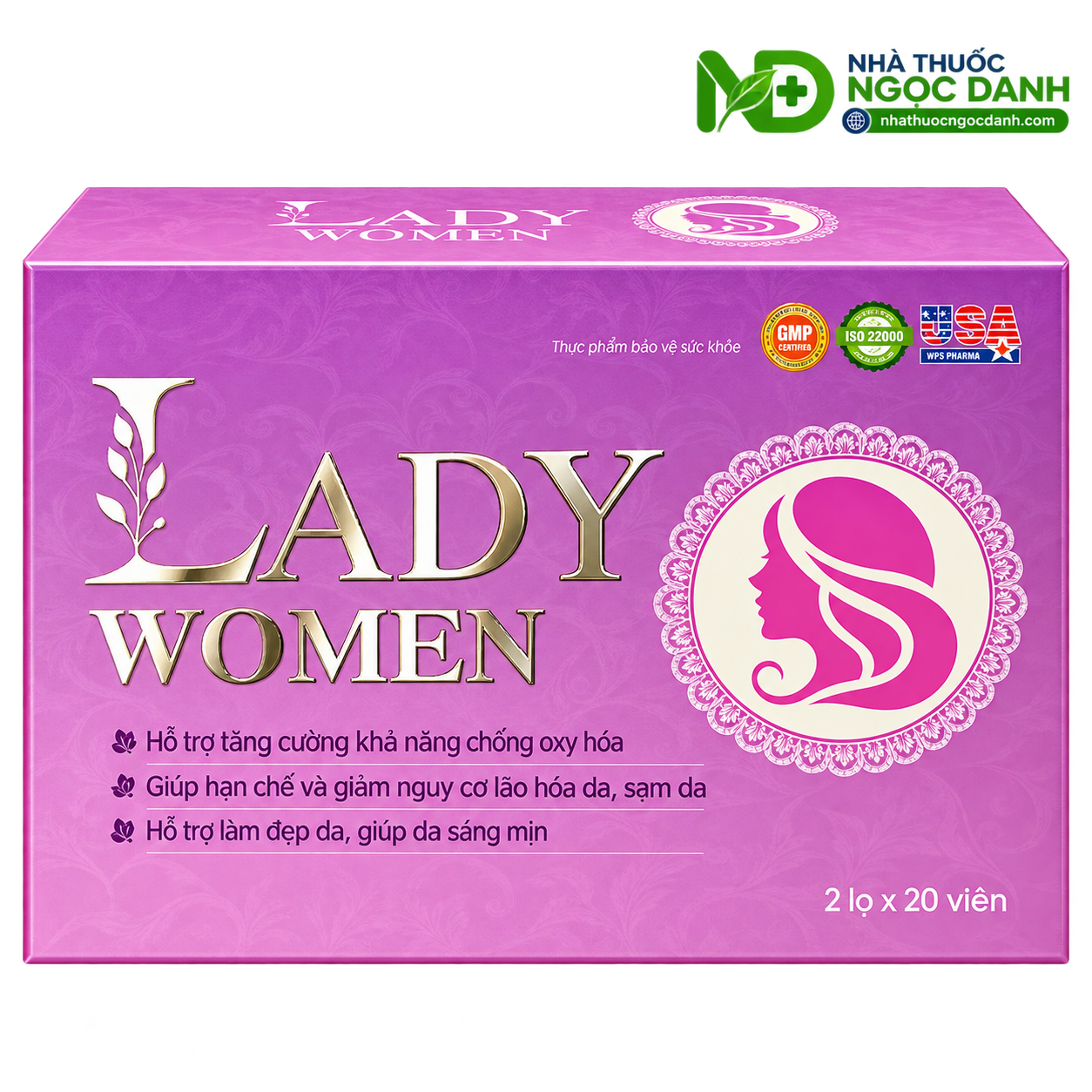 LADY WOMEN – Hỗ Trợ Chống Oxy Hóa, Hạn Chế Lão Hóa Và Làm Đẹp Da, Hộp 2 Lọ x 20 Viên