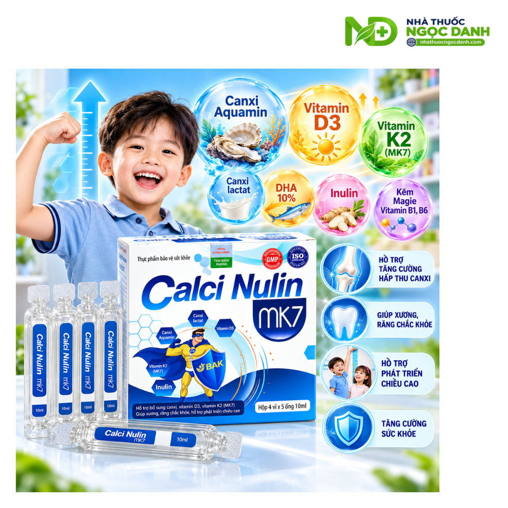 Calci Nulin MK7 – Bổ sung Canxi, Vitamin D3, K2 MK7 hỗ trợ xương răng chắc khỏe, phát triển chiều cao – Hộp 20 ống x 10ml