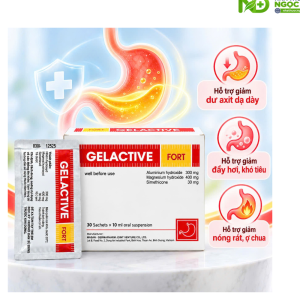 Gelactive Fort – Hỗn dịch uống chứa Nhôm hydroxyd 300mg, Magnesi hydroxyd 400mg và Simethicone 30mg – Hộp 30 gói x 10ml