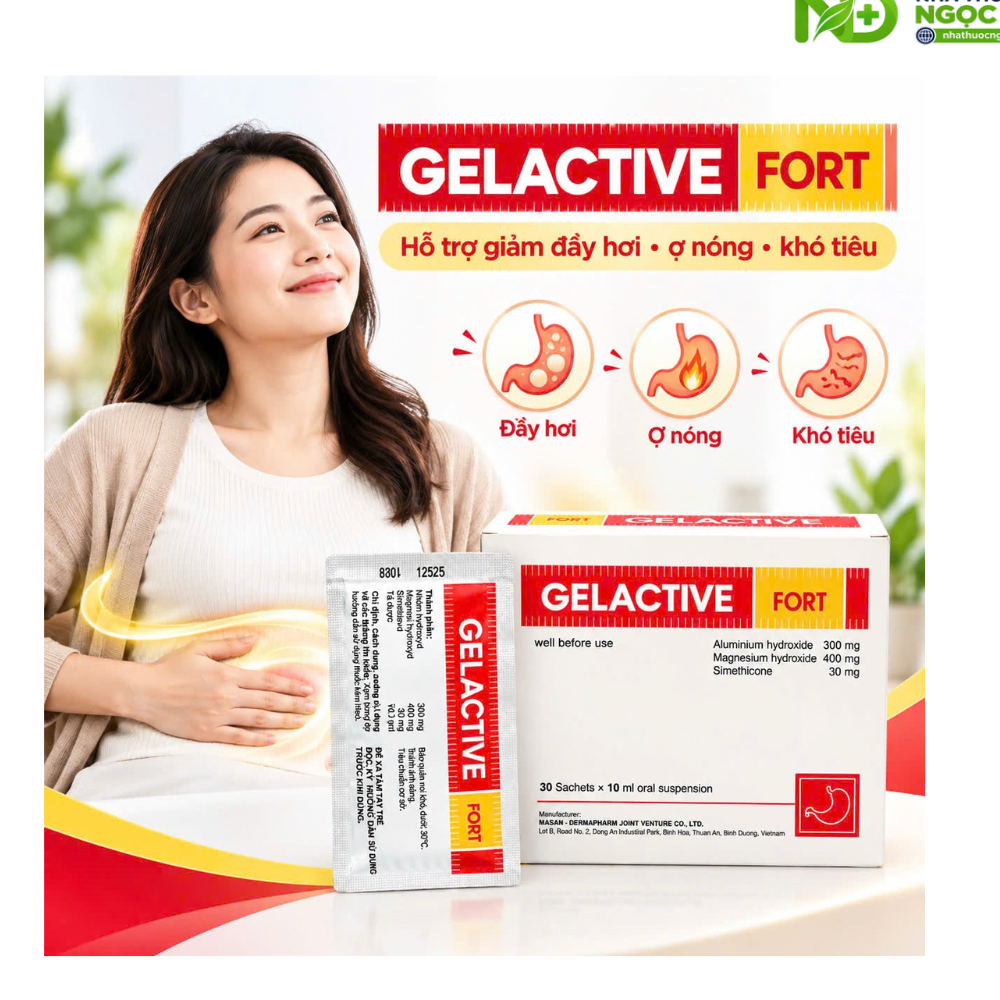 Gelactive Fort – Hỗn dịch uống chứa Nhôm hydroxyd 300mg, Magnesi hydroxyd 400mg và Simethicone 30mg – Hộp 30 gói x 10ml - Ảnh 2