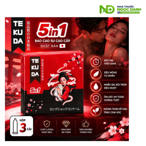 Bao Cao Su TEKUDA 5in1 Long Shock Hộp 3 Cái – Gân Gai, Cổ Thắt, Benzocaine 9%, Hương Bạc Hà