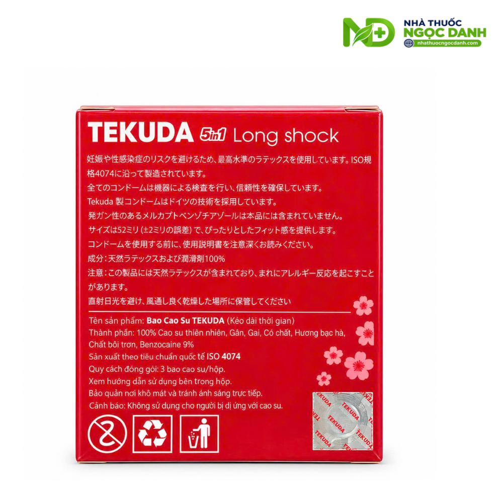 Bao Cao Su TEKUDA 5in1 Long Shock Hộp 3 Cái – Gân Gai, Cổ Thắt, Benzocaine 9%, Hương Bạc Hà - Ảnh 3