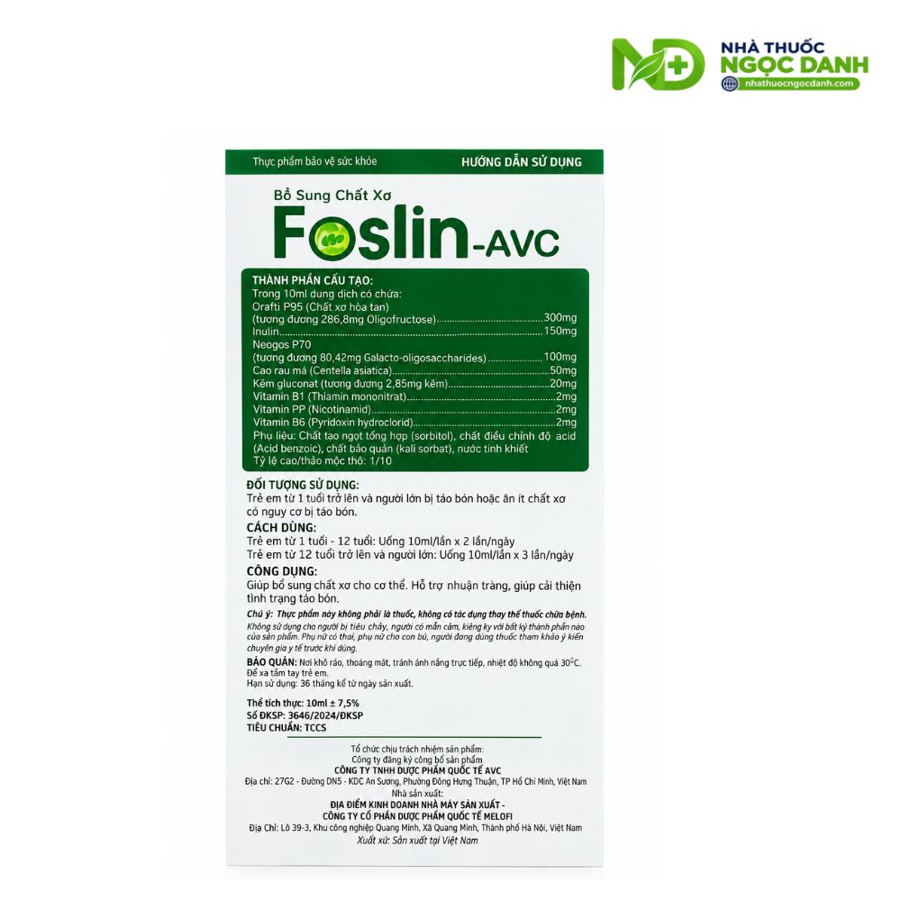 Foslin-AVC Bổ Sung Chất Xơ – Hỗ Trợ Nhuận Tràng, Cải Thiện Táo Bón Cho Trẻ Từ 1 Tuổi Và Người Lớn - Ảnh 2