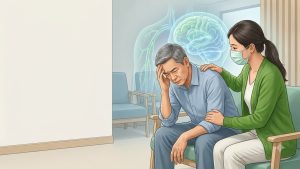 Minh họa một người xuất hiện dấu hiệu chóng mặt, yếu cơ, kèm hình ảnh não bộ và mạch máu nhằm cảnh báo nguy cơ đột quỵ.