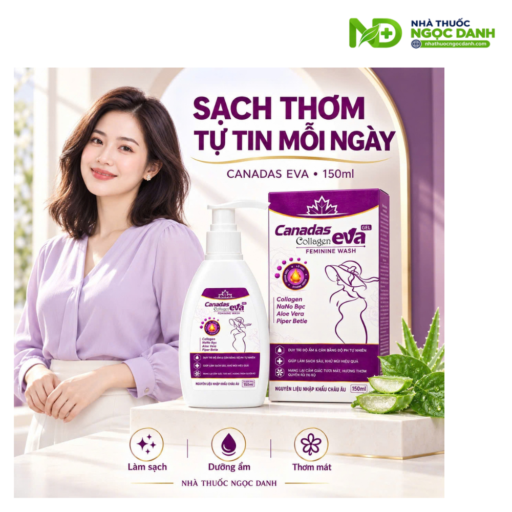 Dung Dịch Vệ Sinh Phụ Nữ Canadas Collagen Eva Gel 150ml – Làm Sạch, Khử Mùi, Duy Trì Độ Ẩm & pH